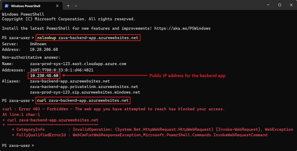 Zrzut ekranu przedstawiający zewnętrzny terminal z uruchomionymi poleceniami nslookup i curl dla zaplecza aplikacji internetowej, pokazujący, że dostęp jest zabroniony.