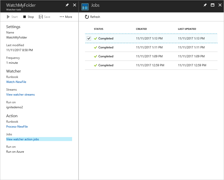 Zrzut ekranu przedstawiający zadania akcji obserwatora z witryny Azure Portal.