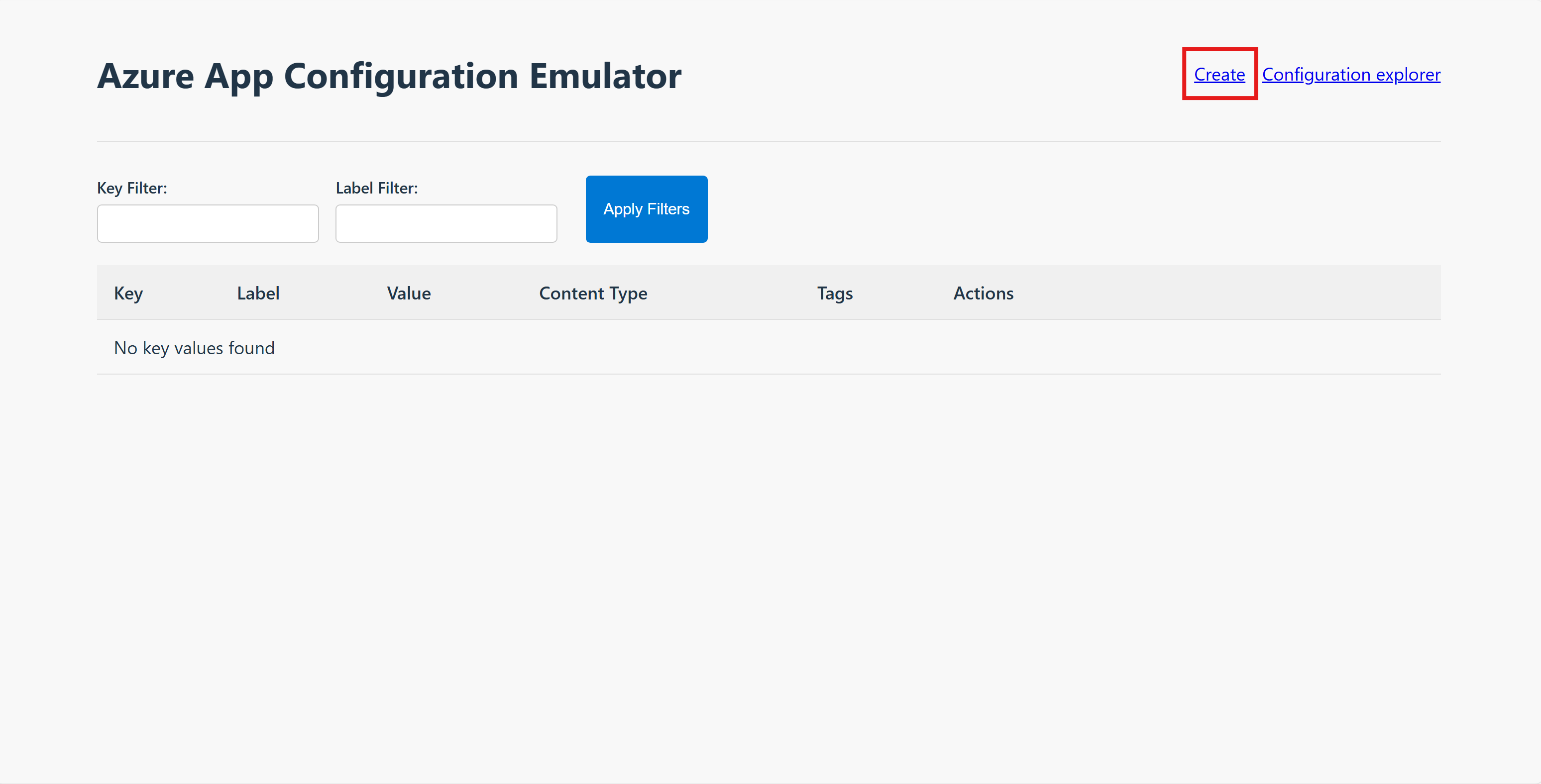 Zrzut ekranu przedstawiający interfejs użytkownika emulatora usługi App Configuration.