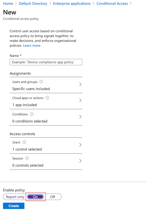 Zrzut ekranu przedstawiający sposób włączania zasad dostępu warunkowego w Azure Portal.