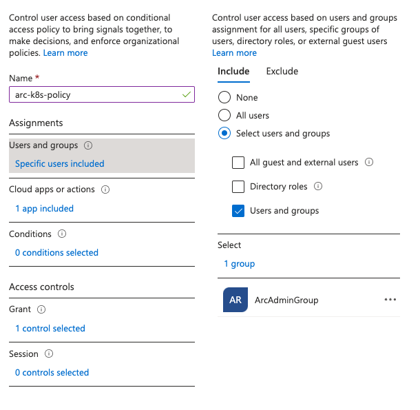 Zrzut ekranu przedstawiający wybieranie użytkowników lub grup w celu zastosowania zasad dostępu warunkowego.