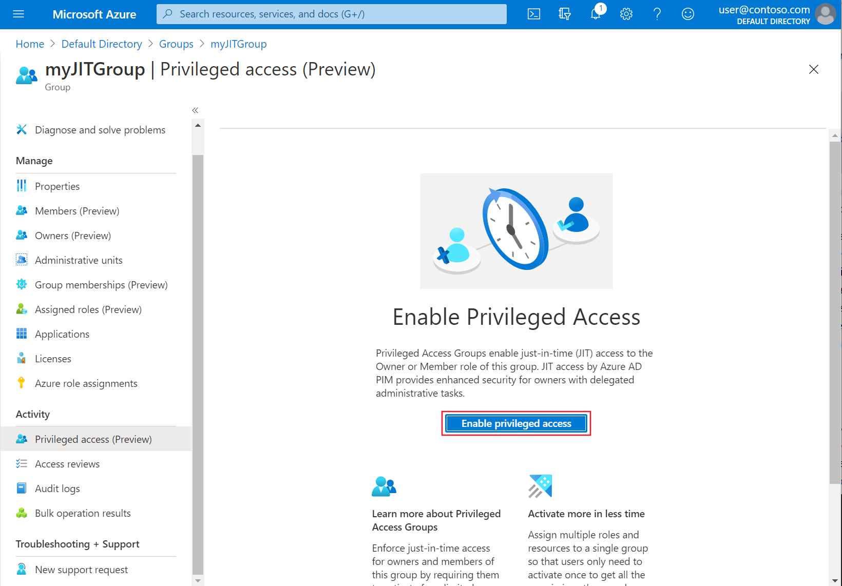 Zrzut ekranu przedstawiający opcje włączania dostępu uprzywilejowanego w Azure Portal.