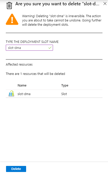 Zrzut ekranu przedstawiający usuwanie miejsca wdrożenia w witrynie Azure Portal.