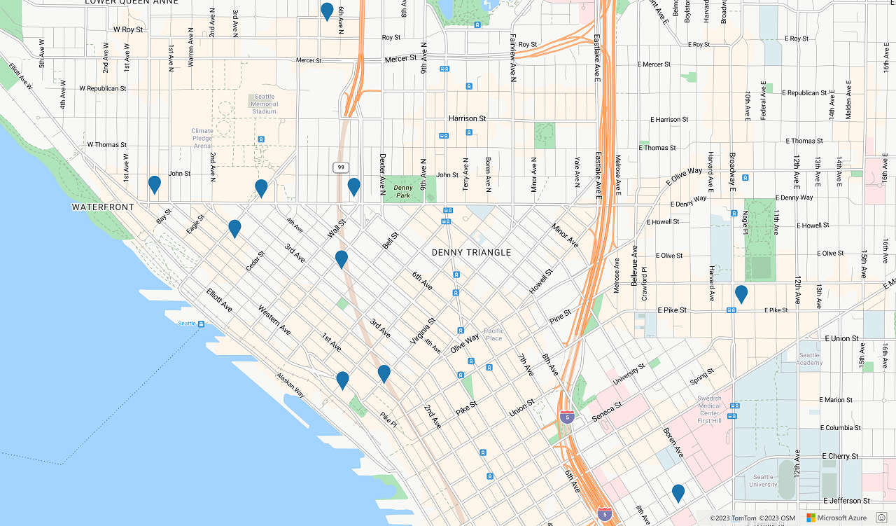 Zrzut ekranu przedstawiający wyniki wyszukiwania pokazujące stacje benzynowe w pobliżu Seattle.