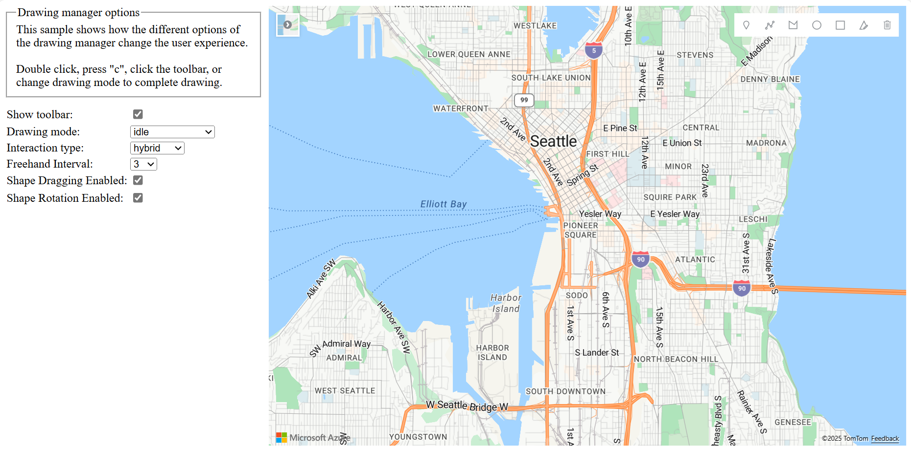 Zrzut ekranu przedstawiający mapę Seattle z panelem po lewej stronie przedstawiającym opcje menedżera rysunku, które można wybrać, aby zobaczyć efekty, które robią na mapie.