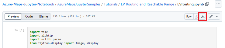 Zrzut ekranu pokazujący, jak pobrać plik Notebook o nazwie EVrouting.ipynb z repozytorium GitHub.