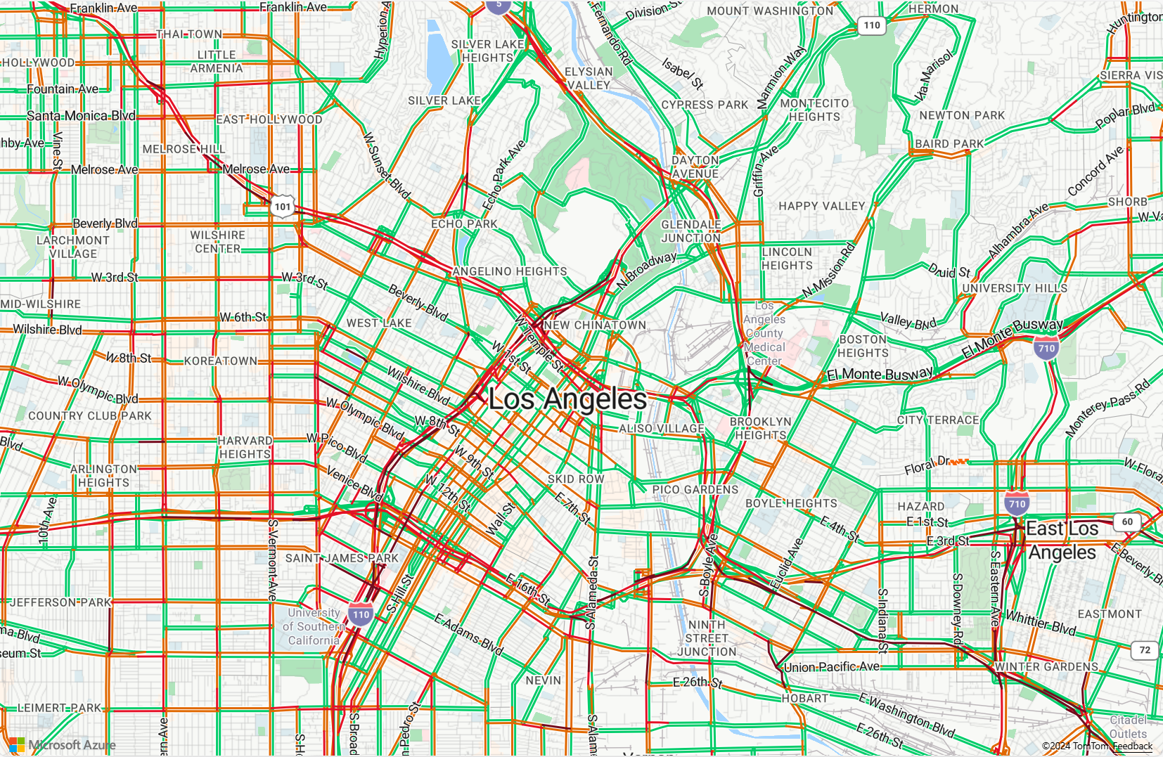 Zrzut ekranu przedstawiający mapę Los Angeles z ulicami, na których są wyświetlane dane przepływu ruchu.