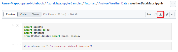 Zrzut ekranu przedstawiający, jak pobrać plik Notebooka o nazwie weatherDataMaps.ipynb z repozytorium GitHub.