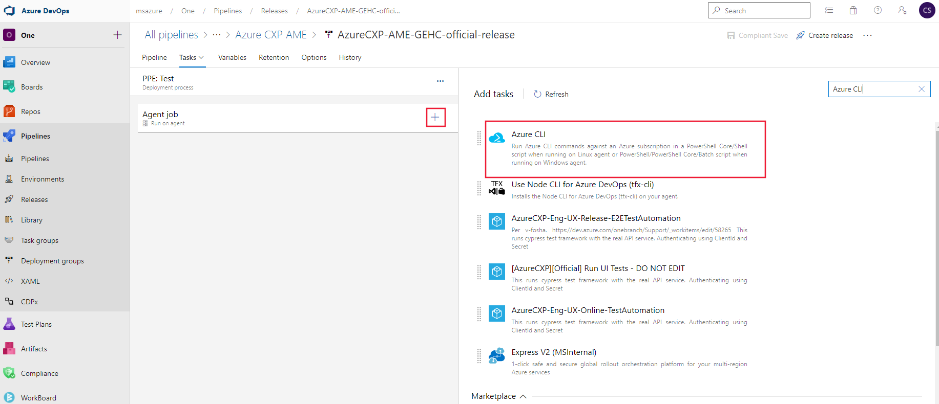 Screenshot that shows adding a new task and selecting Azure CLI.