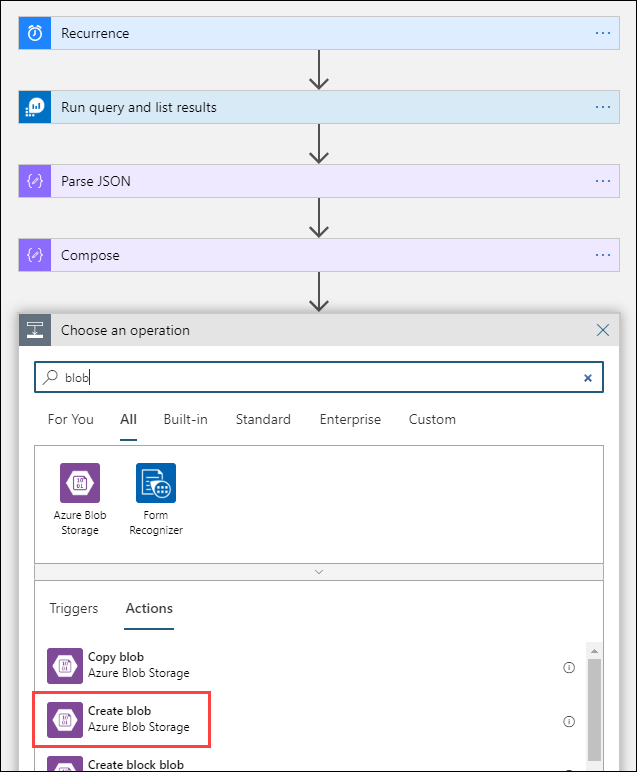 Zrzut ekranu przedstawiający wybieranie akcji Utwórz obiekt blob.