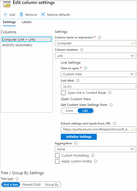 Zrzut ekranu przedstawiający okienko Edytowanie ustawień kolumny, w którym są wyświetlane ustawienia widoku niestandardowego z widoku adresu URL.