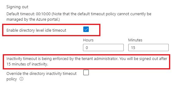 Zrzut ekranu przedstawiający opcje limitu czasu bezczynności na poziomie katalogu.