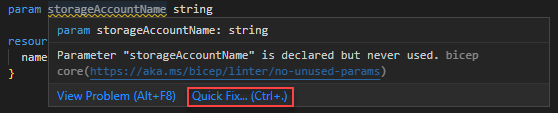 Zrzut ekranu przedstawiający szybką poprawkę reguły linter brak nieużywanych parametrów.