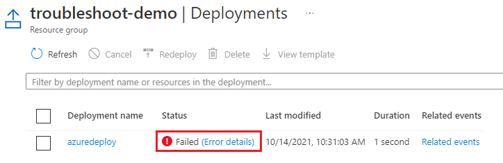 Zrzut ekranu przedstawiający sekcję wdrożeń grupy zasobów w Azure Portal z linkiem do szczegółów błędu dla nieudanego wdrożenia.