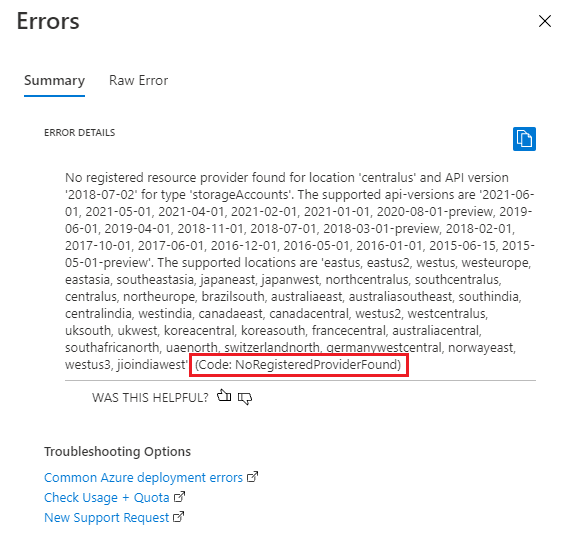 Zrzut ekranu przedstawiający podsumowanie błędu wdrożenia w Azure Portal przedstawiający komunikat o błędzie i kod błędu NoRegisteredProviderFound.