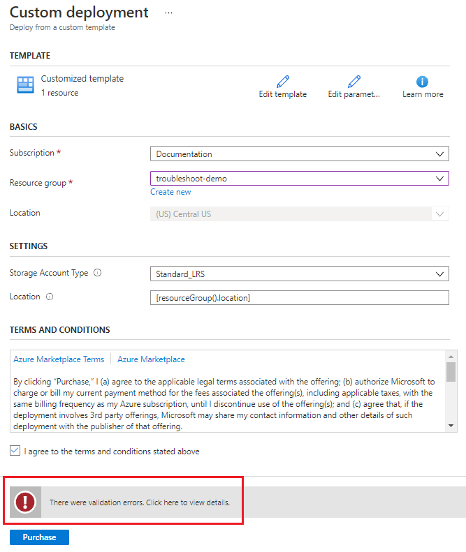 Zrzut ekranu przedstawiający błąd walidacji w Azure Portal dla próby wdrożenia konta magazynu.