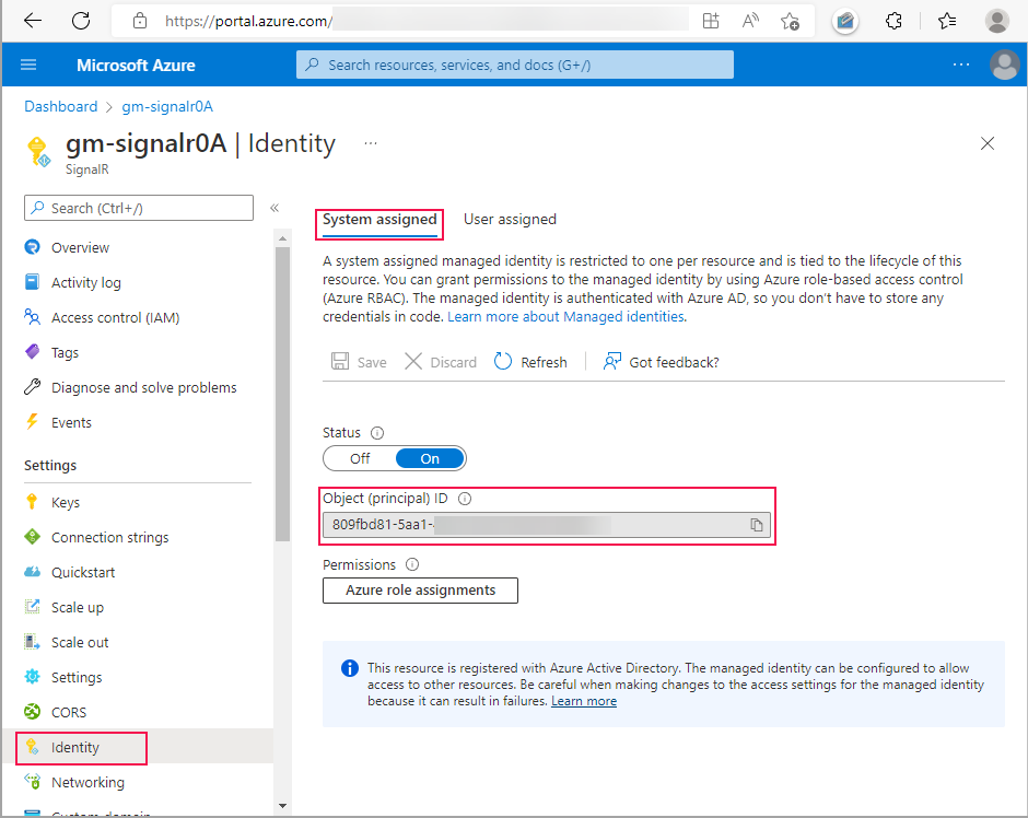 Screenshot of enabling managed identity.