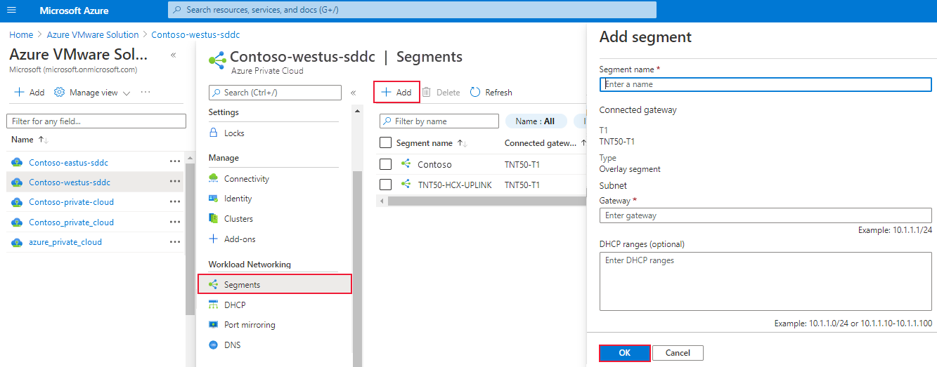 Screenshot przedstawiający sposób dodawania nowego segmentu NSX w portalu Azure.