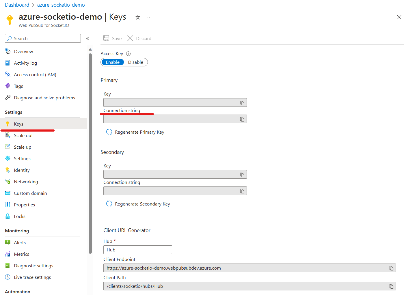Zrzut ekranu przedstawiający usługę Web PubSub dla Socket.IO w bloku parametrów połączenia w portalu Azure.