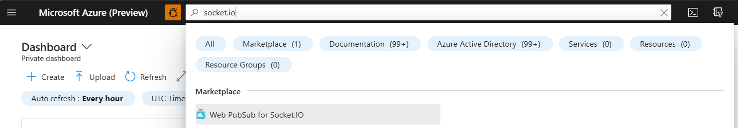 Zrzut ekranu przedstawiający wyszukiwanie usługi Web PubSub pod kątem usługi Socket.IO w witrynie Azure Portal.