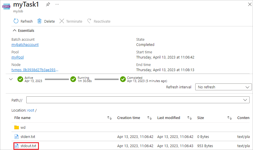 Zrzut ekranu przedstawiający stronę zadań dla ukończonego zadania w usłudze Batch.