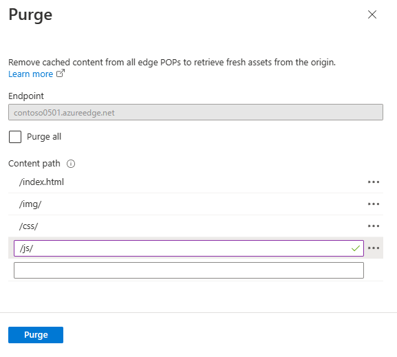 Zrzut ekranu przedstawiający stronę przeczyszczania w profilu usługi Azure Content Delivery Network.