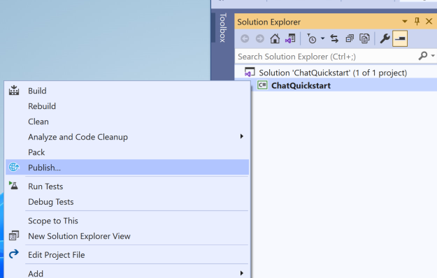 Zrzut ekranu przedstawiający wdrażanie aplikacji czatu na platformie Azure z poziomu programu Visual Studio.