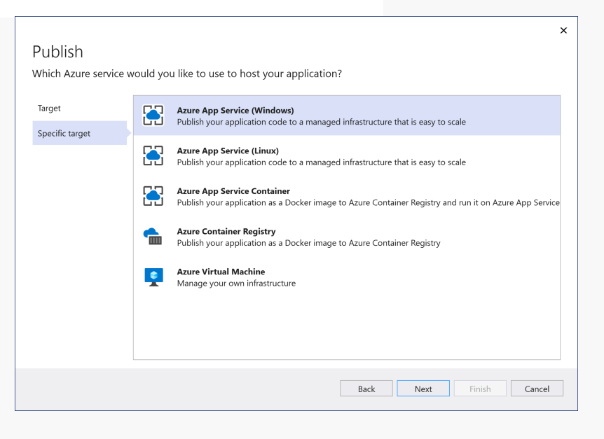 Zrzut ekranu przedstawiający sposób wybierania usługi Azure App Service jako określonego celu.