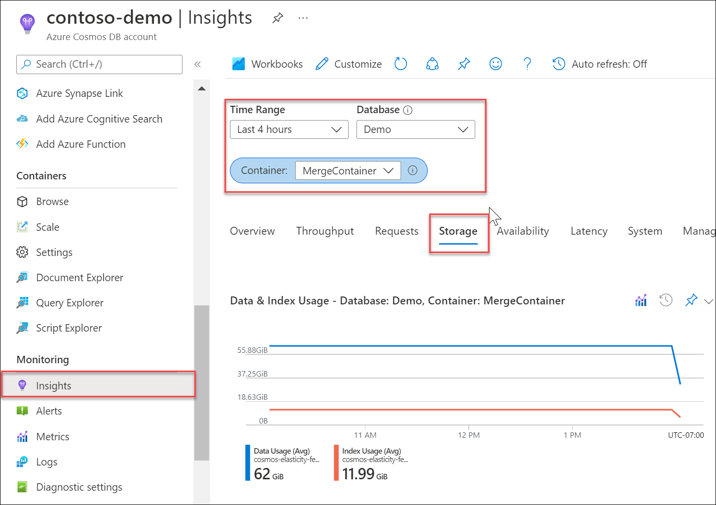 Zrzut ekranu przedstawiający metryki usługi Azure Monitor Storage (dane i indeks) dla kontenera w witrynie Azure Portal.