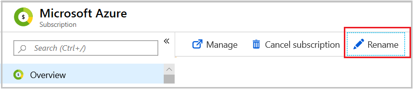 Zrzut ekranu przedstawiający przykład zmiany nazwy subskrypcji platformy Azure.