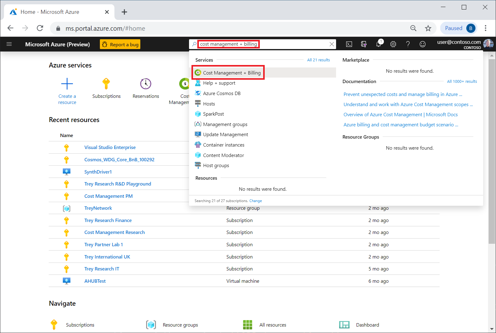 Zrzut ekranu przedstawiający wyszukiwanie usługi Cost Management + Billing w witrynie Azure Portal.