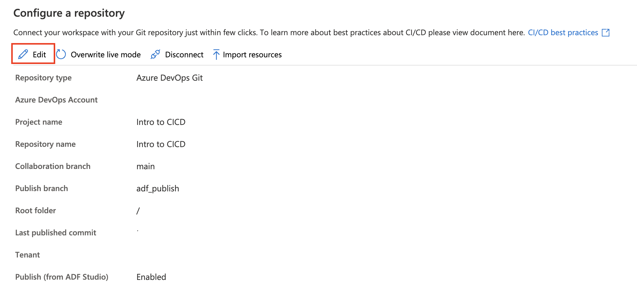 Screenshot przedstawiający przycisk edycji do edycji repozytorium Git Azure Repos.