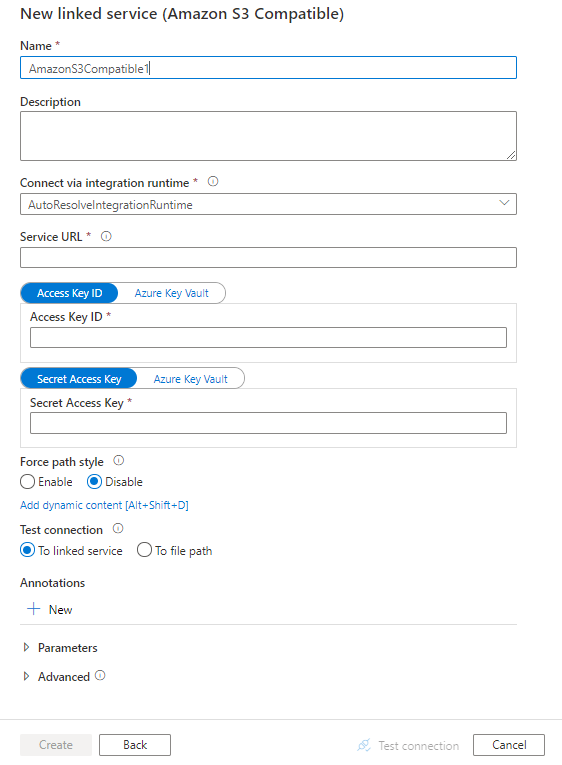 Skonfiguruj połączoną usługę z magazynem zgodnym z Amazon S3 Storage.
