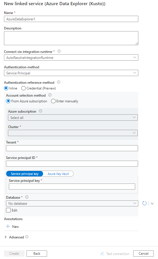 Zrzut ekranu konfiguracji połączonej usługi dla Azure Data Explorer.