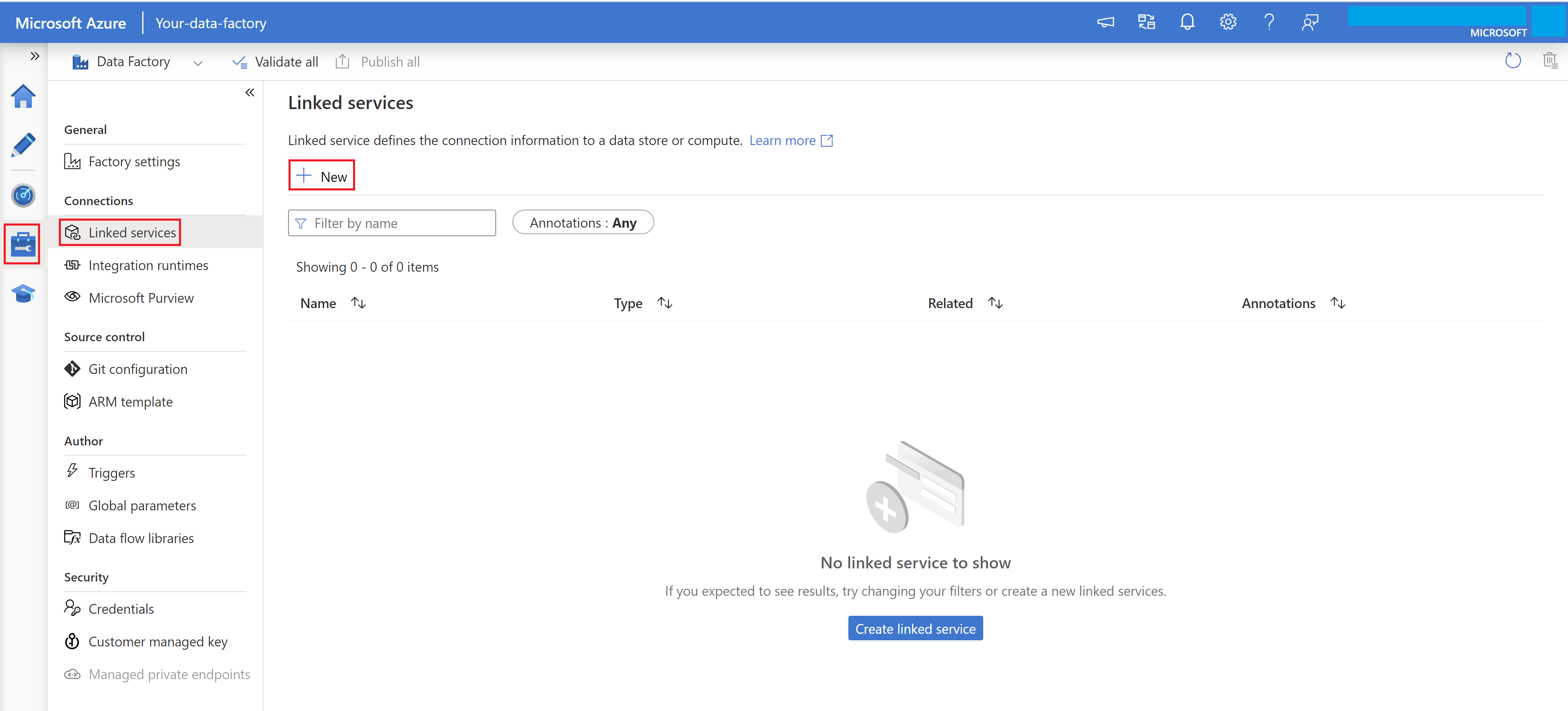 Zrzut ekranu przedstawiający proces tworzenia nowej połączonej usługi za pomocą interfejsu użytkownika usługi Azure Data Factory.