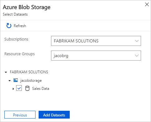 Zrzut ekranu przedstawiający okienko Dodawanie usługi Blob Storage, w którym można wybrać dane.