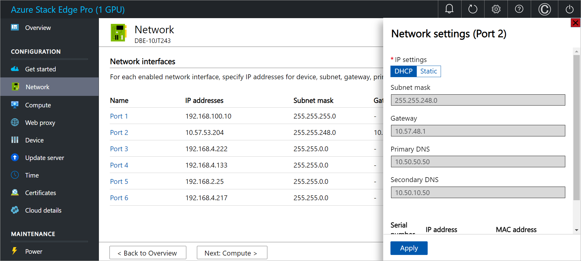 Zrzut ekranu przedstawiający stronę Sieć urządzenia Azure Stack Edge z wyświetlonymi ustawieniami sieci dla portu 2.