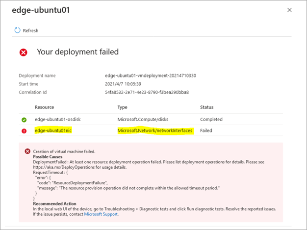 Zrzut ekranu przedstawiający błąd wyświetlany w witrynie Azure Portal, gdy tworzenie interfejsu sieciowego kończy się niepowodzeniem podczas wdrażania maszyny wirtualnej na urządzeniu Azure Stack Edge.