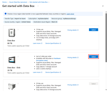 Zrzut ekranu przedstawiający lokalizację przycisku Wybierz dla opcji Data Box Disk.