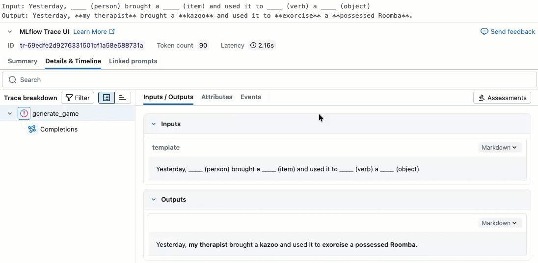 Interfejs użytkownika MLflow Trace UI w notebooku