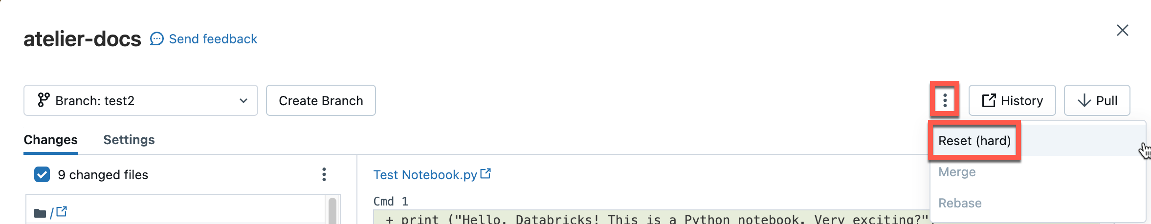 operacja resetowania Git w menu kebab.