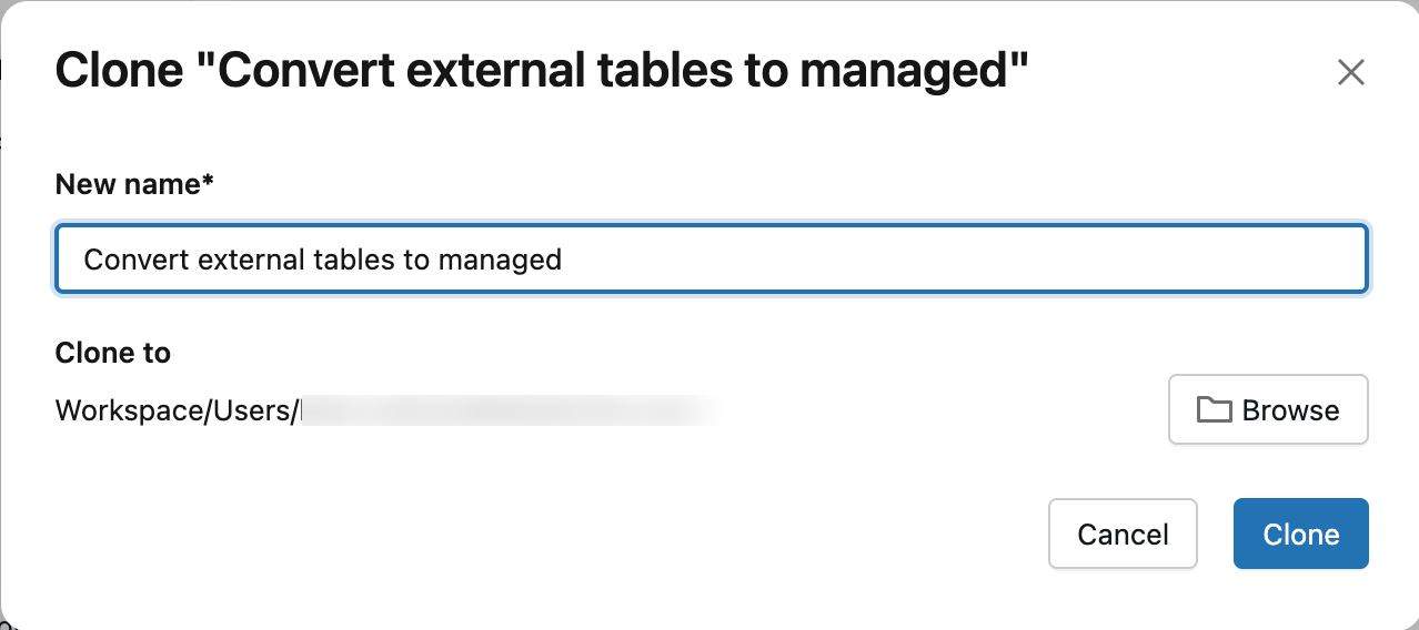 Okno dialogowe Tworzenie notesu konwersji z polem nazwy i opcją Przeglądaj