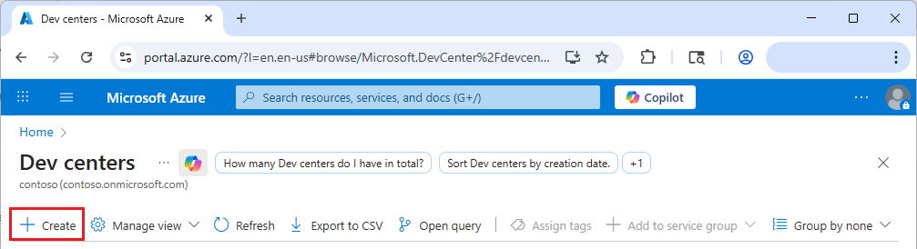 Zrzut ekranu przedstawiający witrynę Azure Portal z przyciskiem Utwórz na stronie centrów deweloperskich.