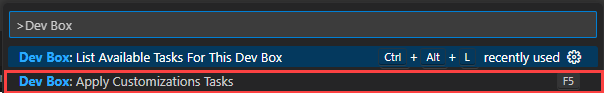 Zrzut ekranu palety poleceń programu Visual Studio Code z wybraną opcją Dev Box: Dostosuj zadania dostosowań.