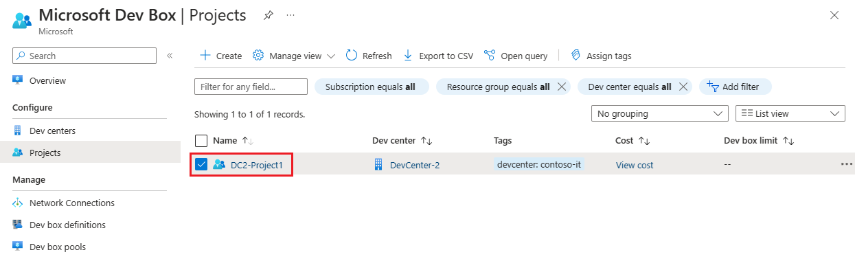 Zrzut ekranu przedstawiający listę Projekty przedstawiającą siatkę projektów i wyniki wyszukiwania w witrynie Azure Portal.