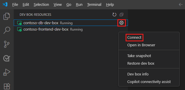 Zrzut ekranu przedstawiający rozszerzenie Dev Box z przyciskiem Połącz używanym do otwierania tunelu do urządzenia Dev Box w programie Visual Studio Code.