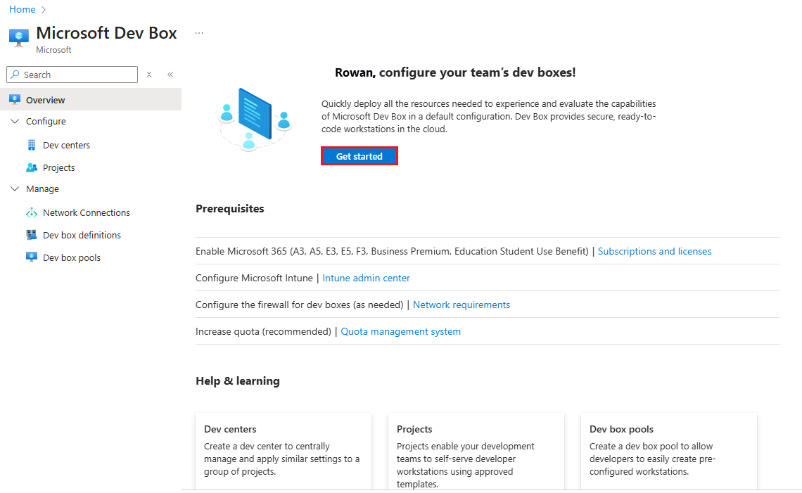 Zrzut ekranu przedstawiający stronę Wprowadzenie do usługi Dev Box w witrynie Azure Portal z opcjami konfigurowania środowiska deweloperskiego.