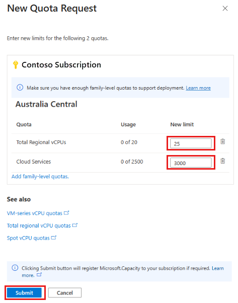 Zrzut ekranu przedstawiający nowe żądanie limitu przydziału.