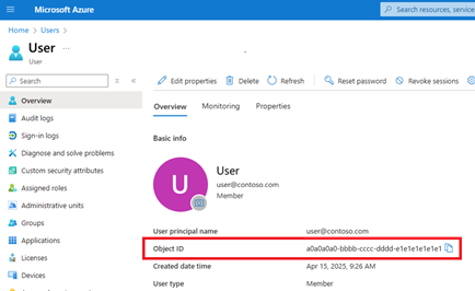 Zrzut ekranu przedstawiający stronę użytkownika w witrynie Azure Portal z wyróżnionym identyfikatorem GUID w polu 