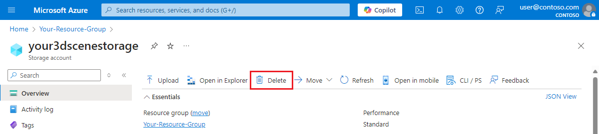 Zrzut ekranu przedstawiający stronę Przegląd konta usługi Azure Storage w witrynie Azure Portal. Przycisk Usuń został wyróżniony.